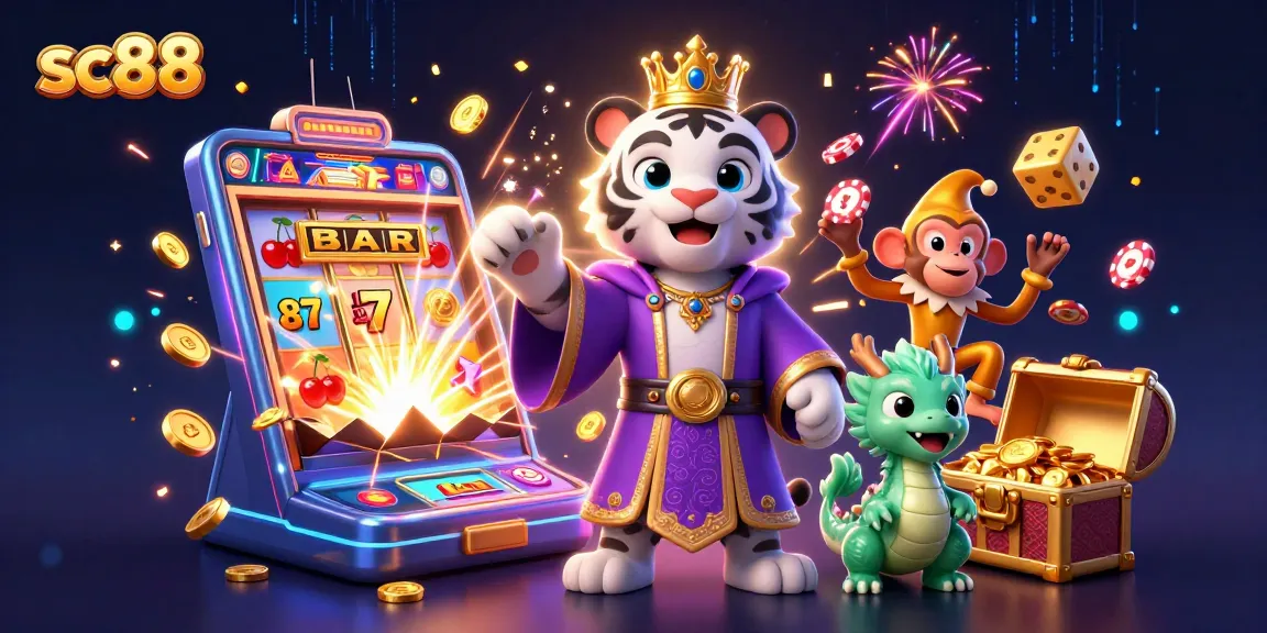 Play and win at sc88 in this vibrant casino scene featuring characters and dynamic game elements.