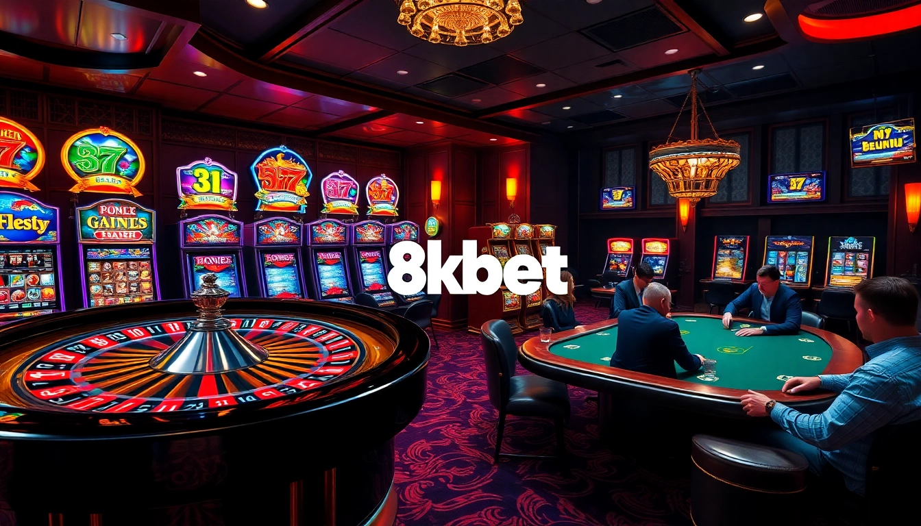 Experience an exhilarating 8kbet casino atmosphere with spinning roulette and engaging players.