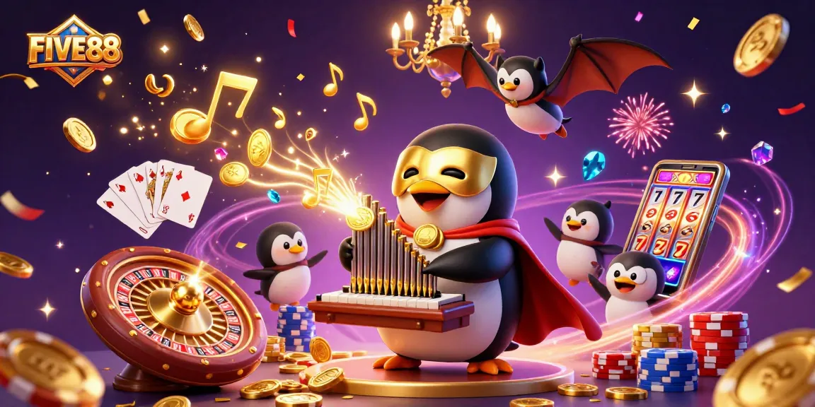 Experience exciting wins with FIVE88's dynamic casino scene featuring golden coins and vibrant game elements.