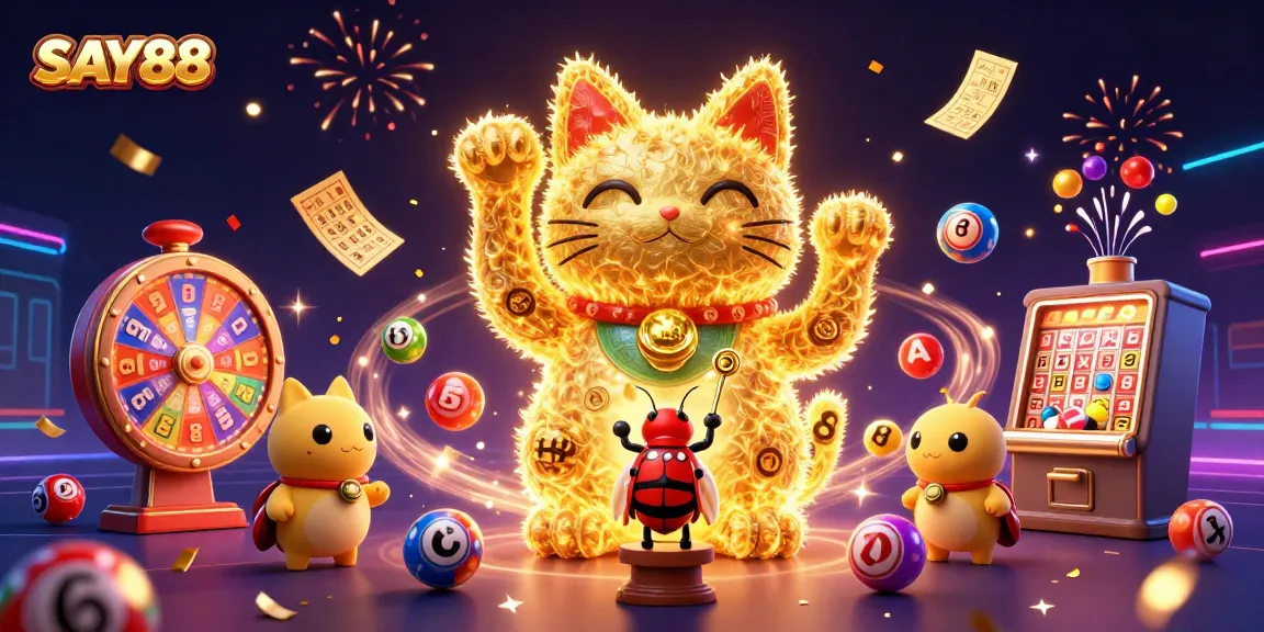 SAY88 showcases a vibrant 3D scene with a lucky cat and dynamic lottery elements, celebrating casino excitement.
