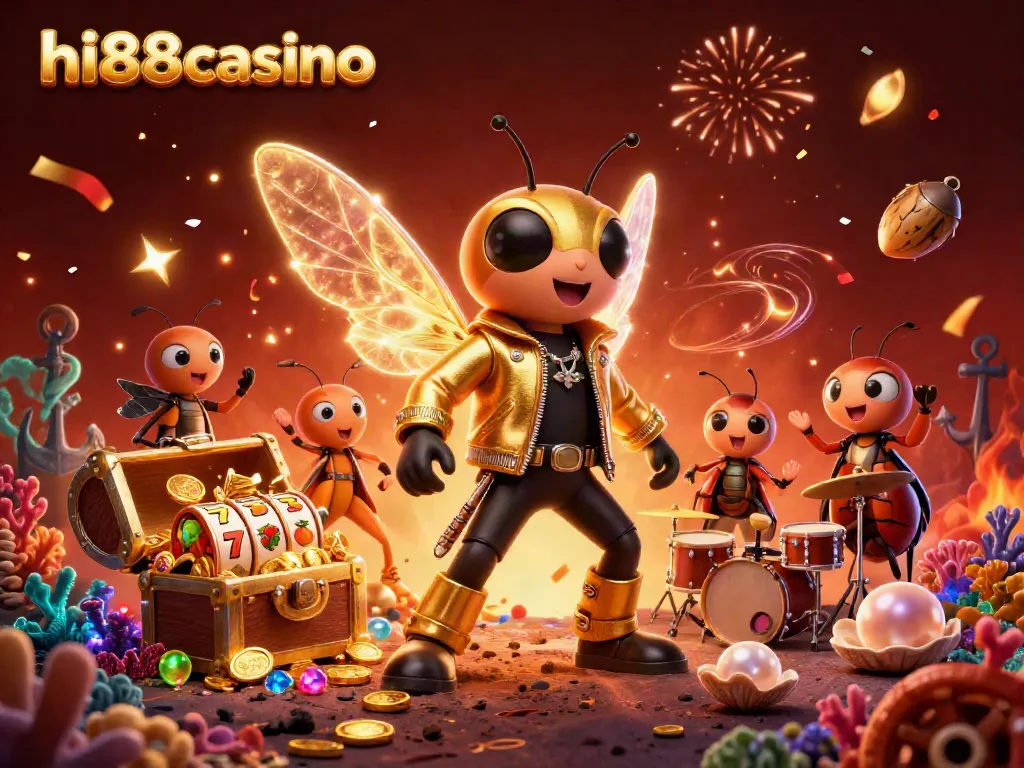 Engage with hi88casino’s dynamic scene featuring a rock star cicada, vibrant slot elements, and festive confetti.