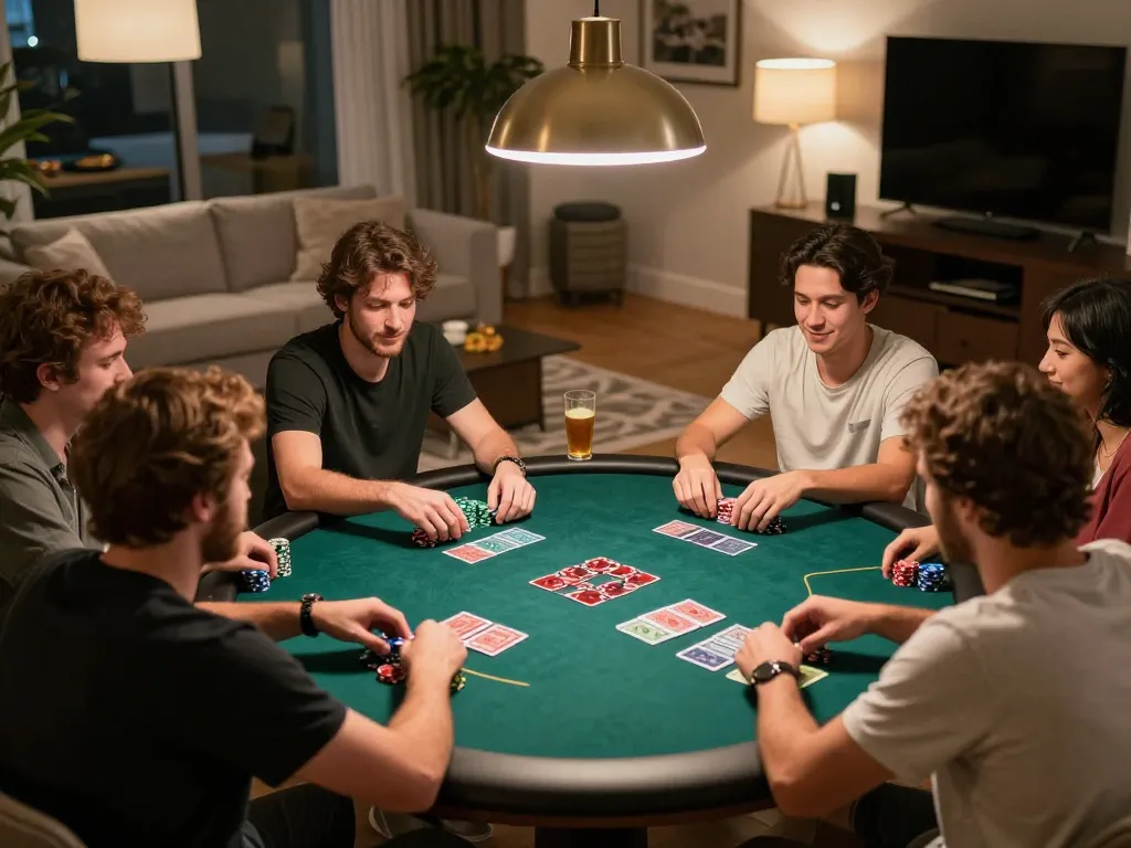 Friends enjoying an exciting poker night at home with 3win gaming atmosphere