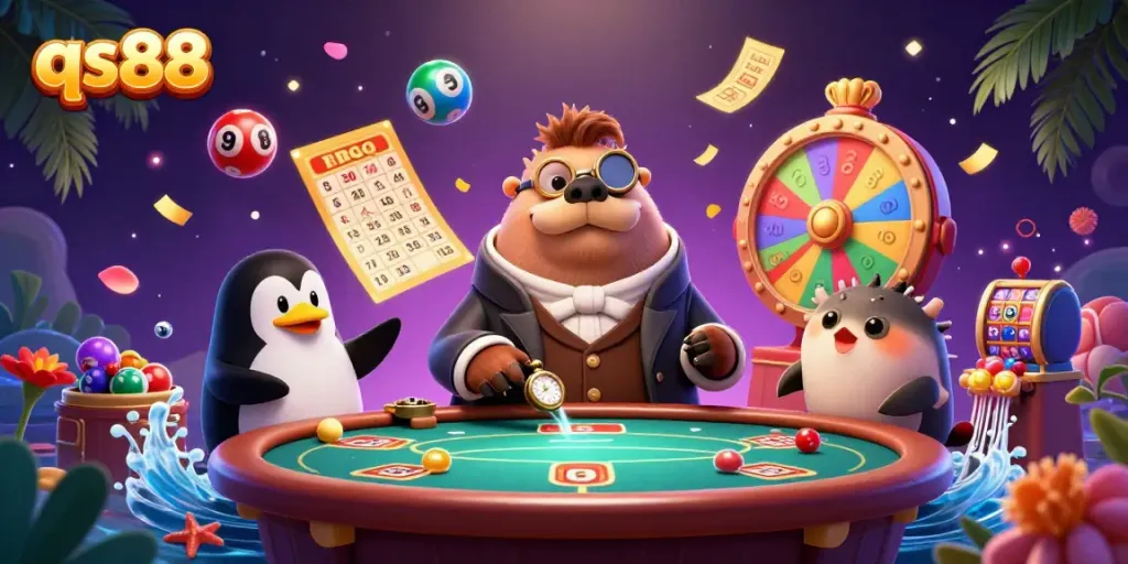 Experience the thrilling underwater casino scene at qs88 with a walrus, penguin dealer, and pufffish player