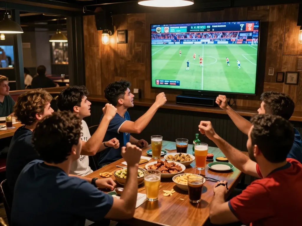 Cakhia TV stream engaging soccer match, excited fans cheering in vibrant sports bar atmosphere.