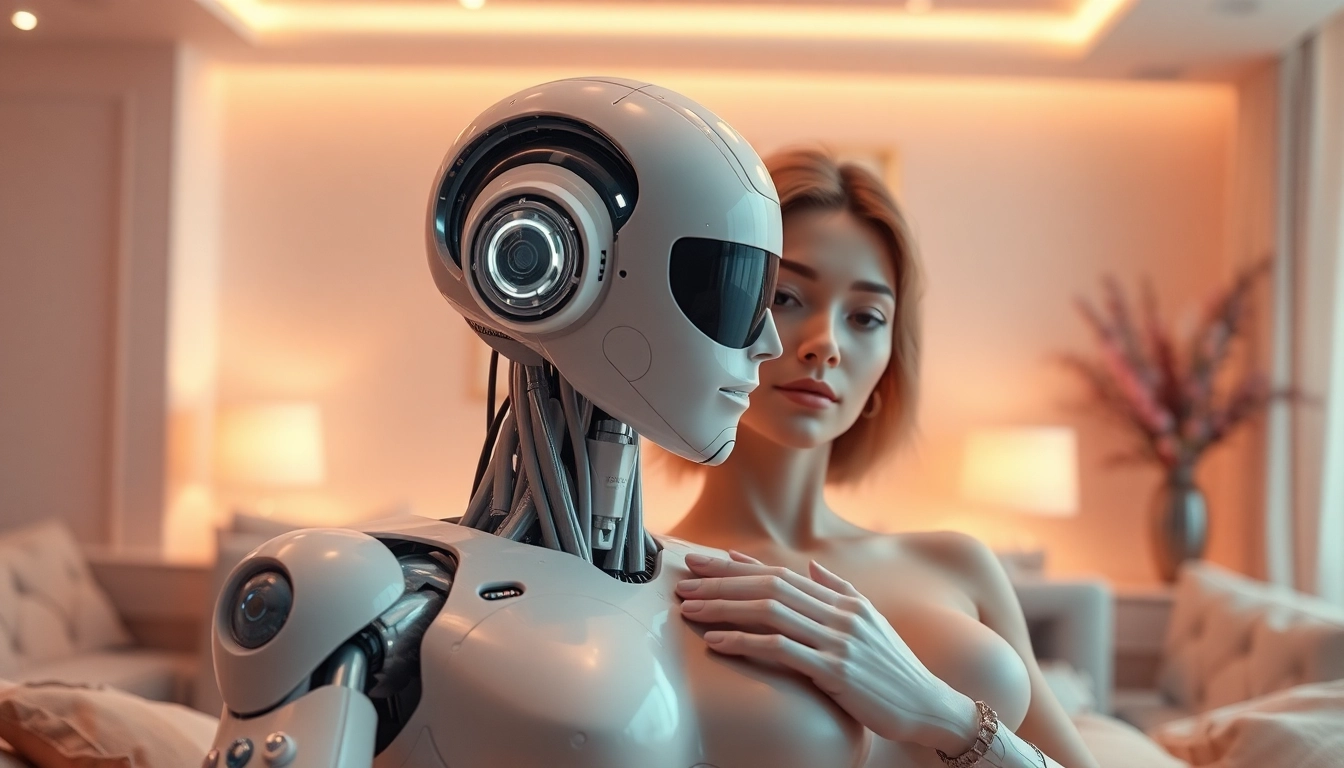 A stunningly lifelike sex bot engaging in a cozy, futuristic setting, showcasing advanced AI features and intimate interaction.