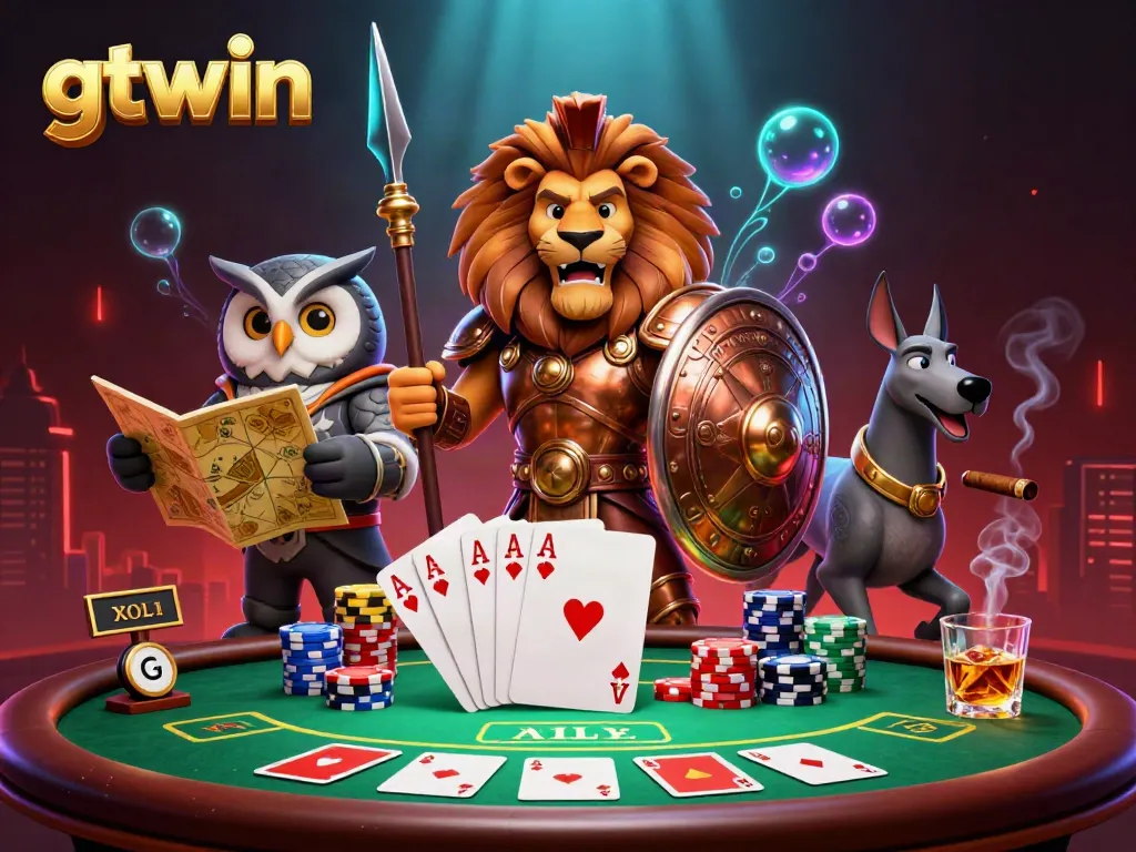 Engage with GTWIN in an exciting casino scene featuring a Spartan lion, a tactical owl, and a greyhound among vibrant poker elements.