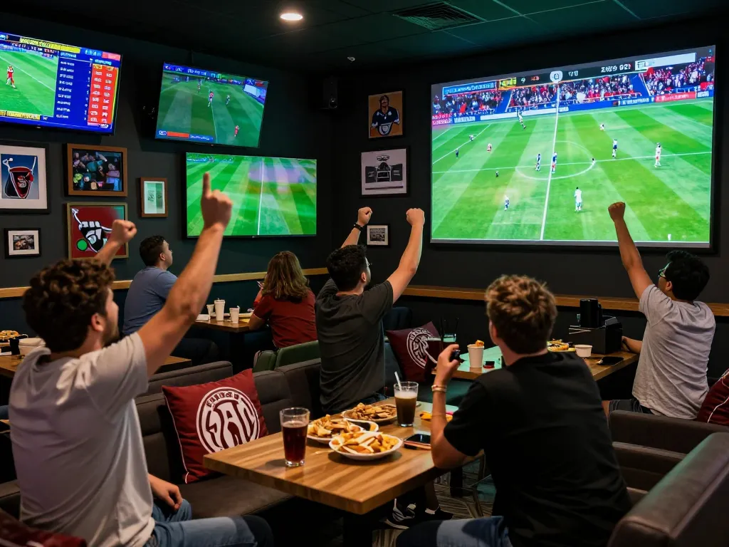 Cá độ bóng đá scene with fans cheering in a vibrant betting lounge during a soccer match.