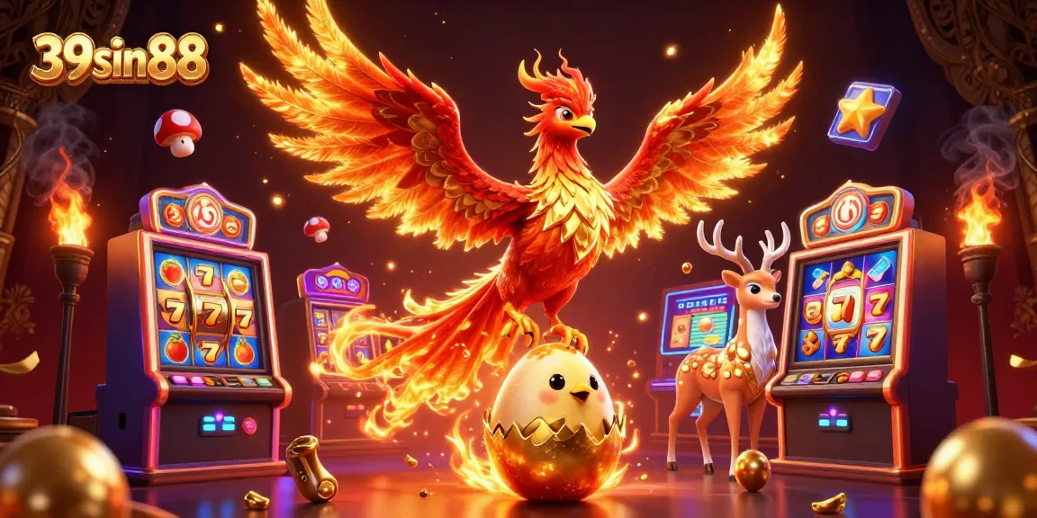 Experience the excitement of 39sin88 with a vivid casino scene featuring a phoenix and slot machine elements.