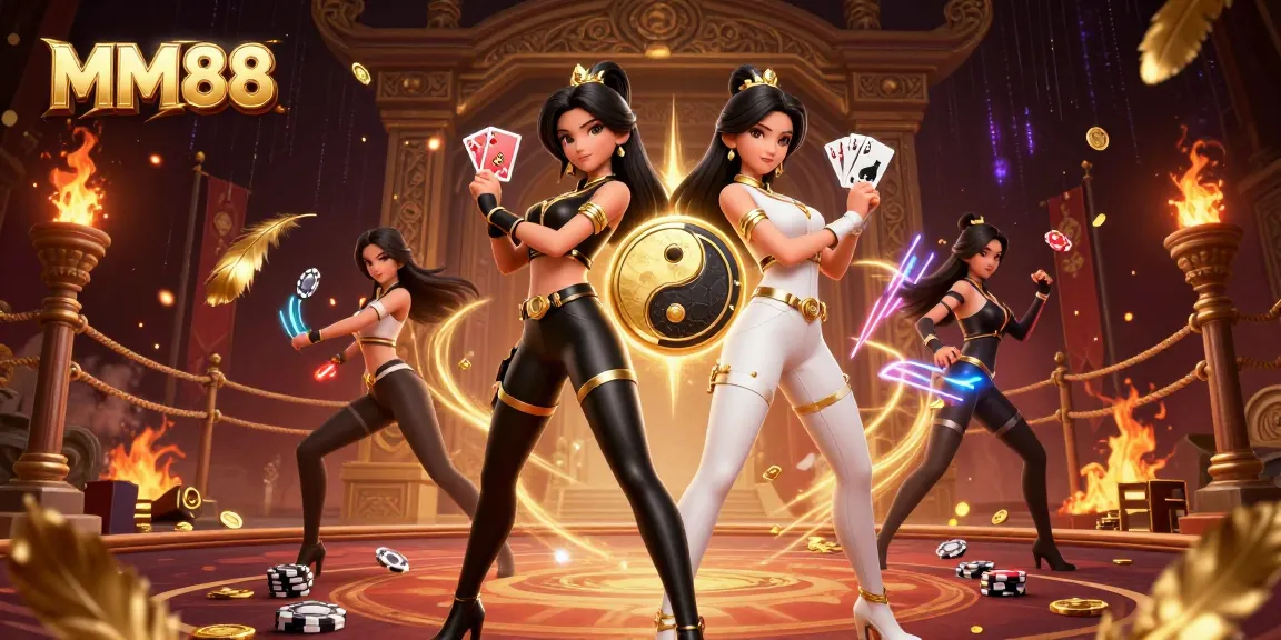 Engage in thrillingMM88 gambling with powerful twin women holding cards in a casino-themed scene.
