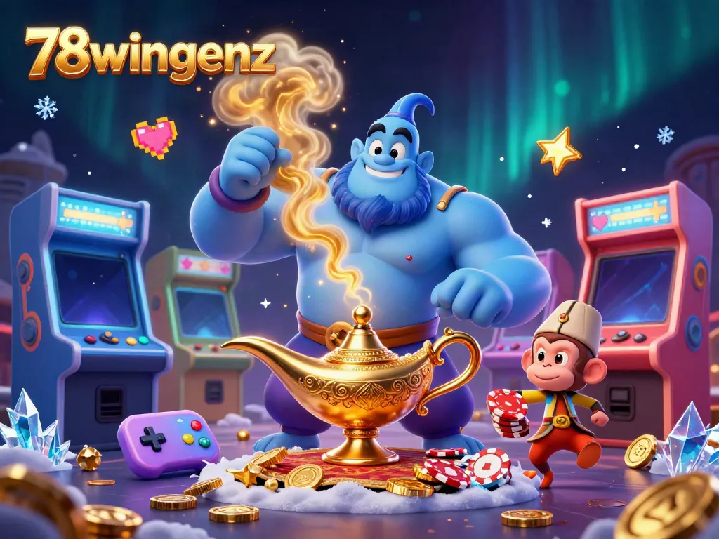 Engage with the magical world of 78wingenz in this vibrant 3D casino scene featuring a genie, monkey, and poker chips.