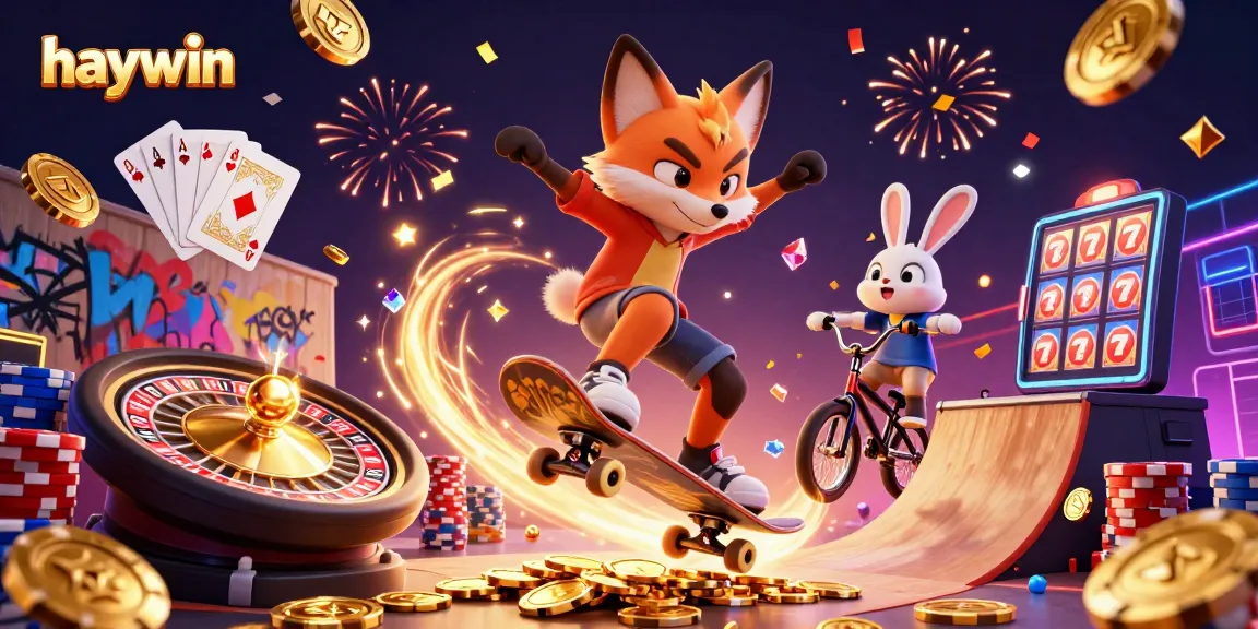 Experience thrilling gaming with haywin as fox and rabbit perform daring tricks in a vibrant casino atmosphere.