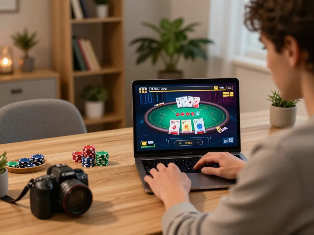Engaging online blackjack gameplay on 98win, showcasing strategic decision-making in a cozy home setting.