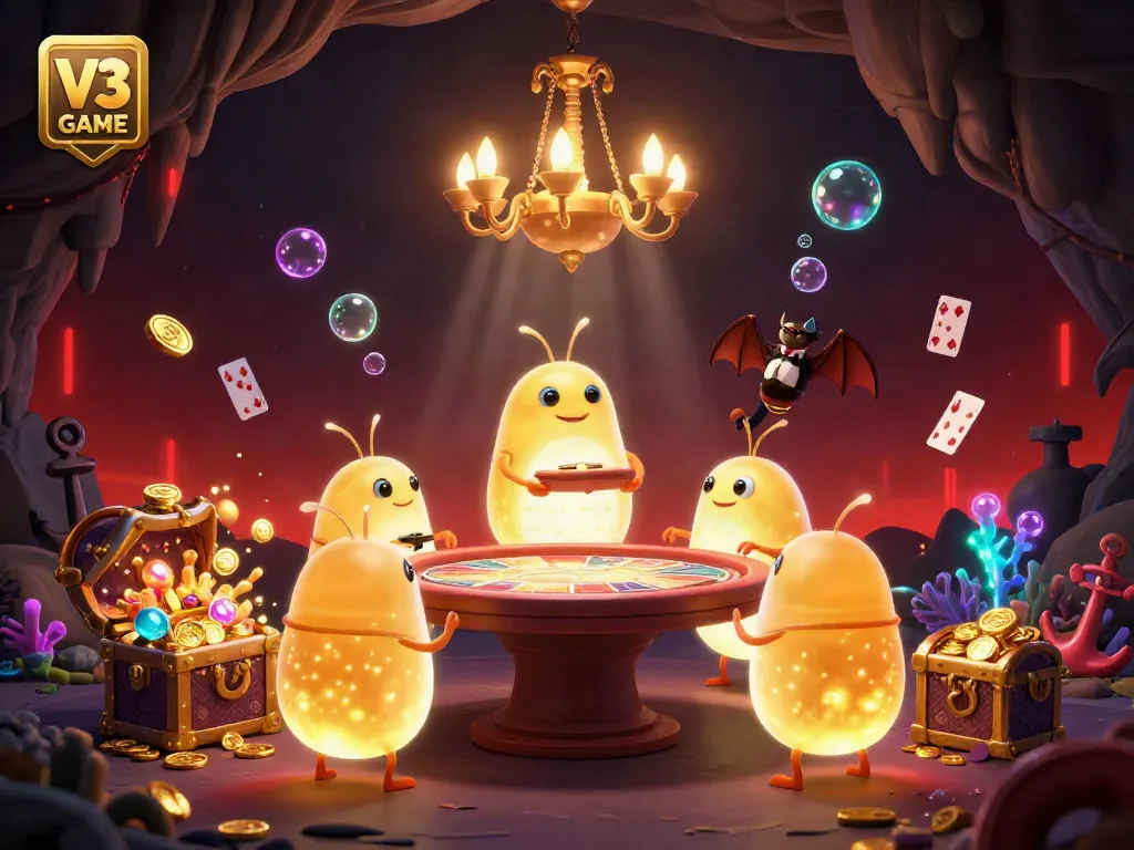 Experience the bioluminescent magic of V3 GAME in a vibrant cave casino filled with gold and gems.