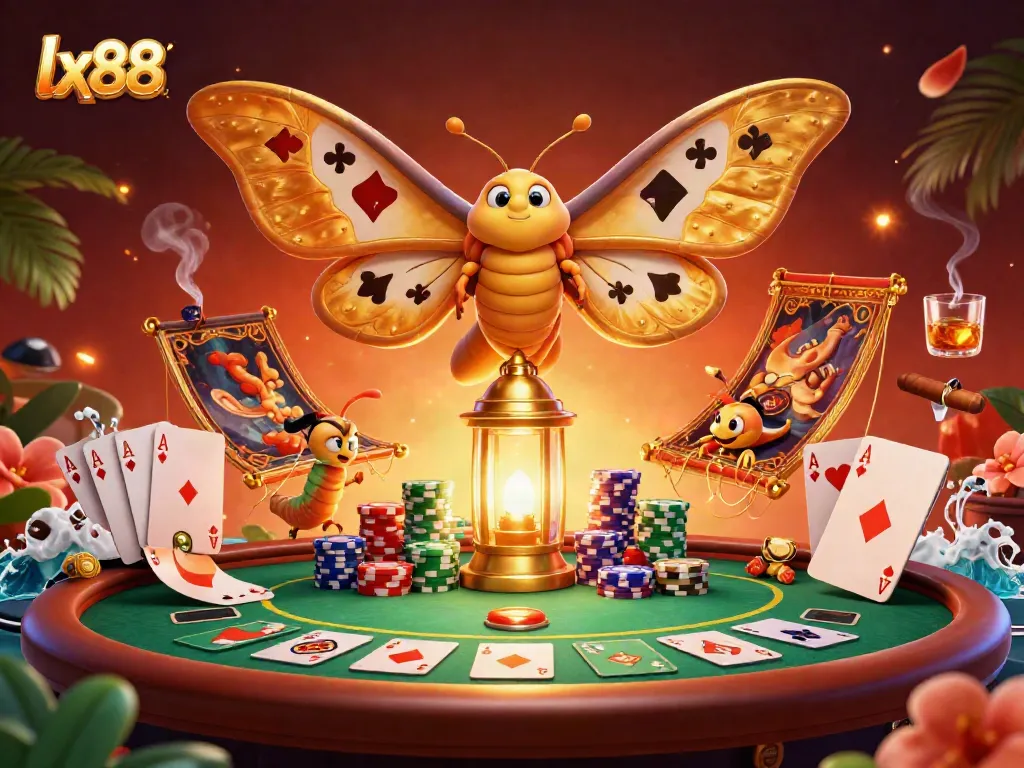 Experience energetic gameplay at lx88 with vibrant casino elements and a cartoonish moth centerpiece.