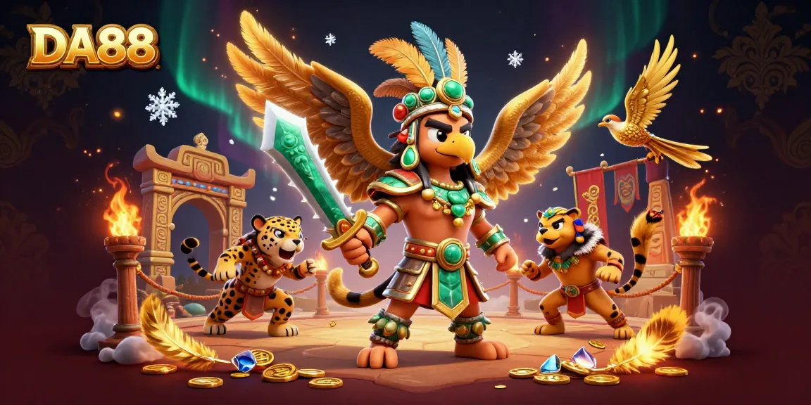 Engage in exciting DA88 gaming action with Aztec warriors, golden coins, and dynamic casino elements.