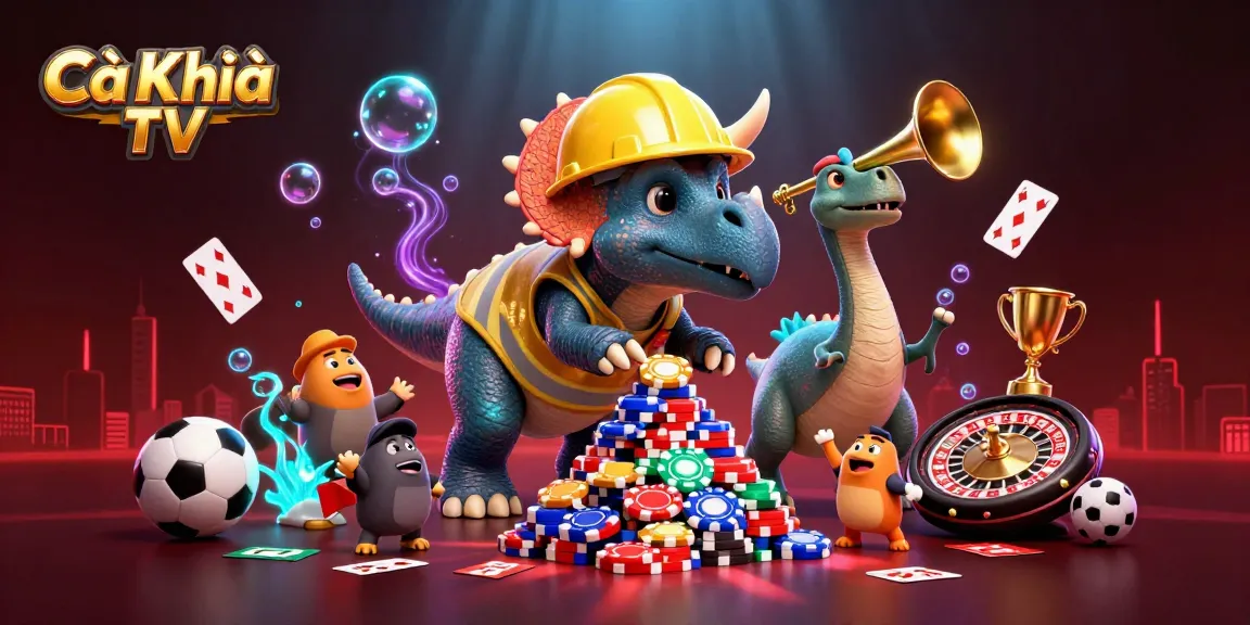 Cà Khịa TV showcases a vibrant 3D scene of dinosaur characters celebrating, perfect for exciting gameplay moments.