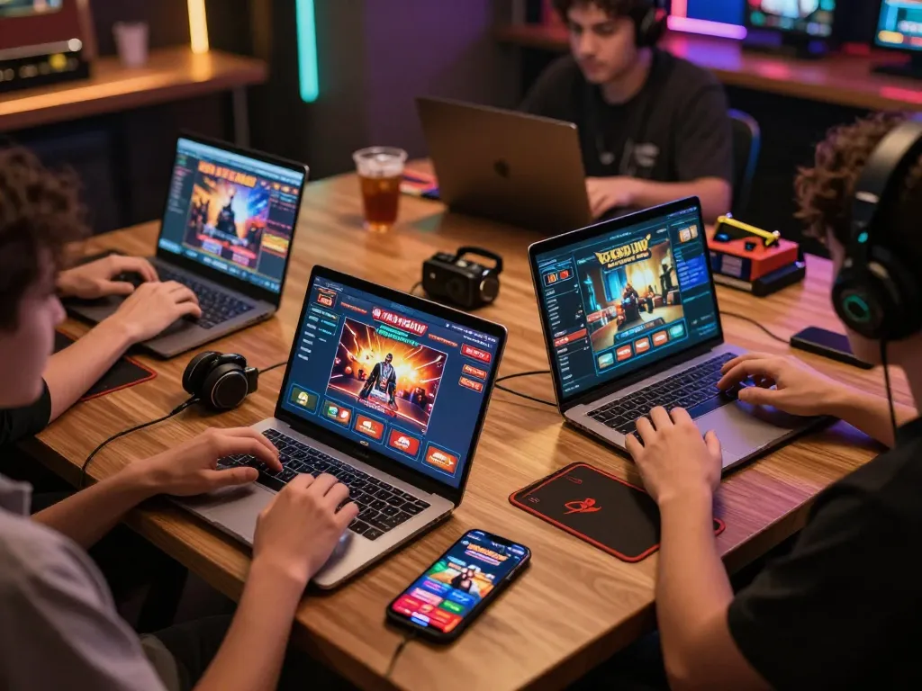 Engagerande scen av spelare som njuter av casinon utan svensk licens på flera enheter med livfulla skärmar och en mysig atmosfär.