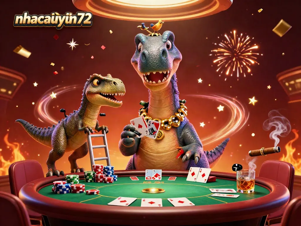 nhacaiuytin72 showcases a whimsical casino scene with a giant brontosaurus and a clever raptor dealing cards.
