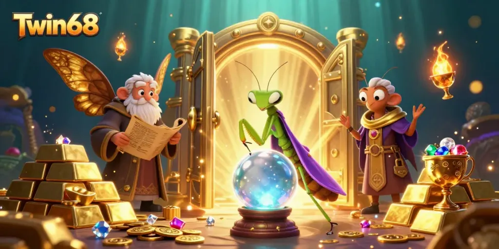 Twin68 captivates with a mystical scene featuring a fortune teller and a librarian amid treasures and glimmering lights.