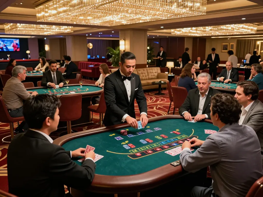 Alo8 players strategizing bets at a blackjack table in a luxurious casino environment.