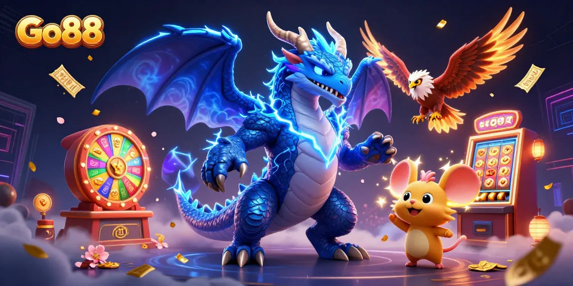 Experience the excitement of Go88 with a dynamic casino-themed 3D illustration featuring vibrant game elements.