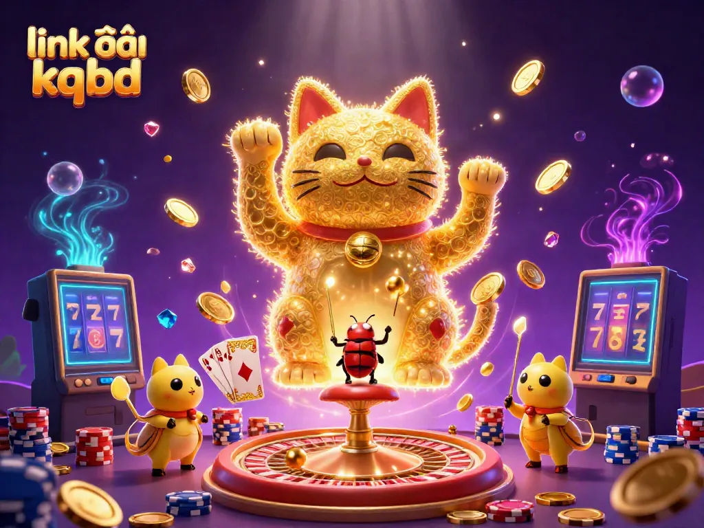 Explore the dynamic casino scene showcasing link vào kqbd with animated lucky cat and vibrant slots.