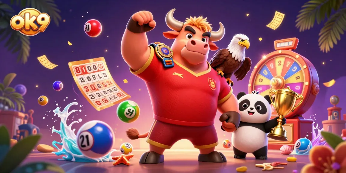 ok9 sports betting promotion with a cartoon bull, eagle, and panda surrounded by colorful game elements
