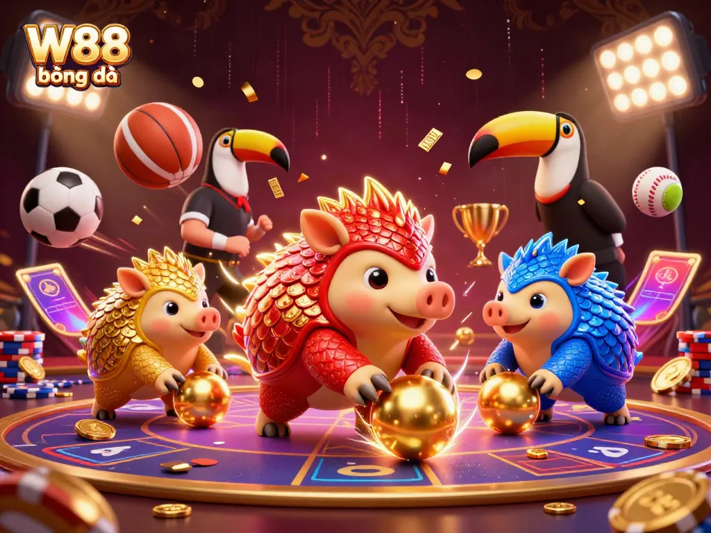 Bet on W88 bóng đá with rival pangolins engaging in a dynamic casino atmosphere.