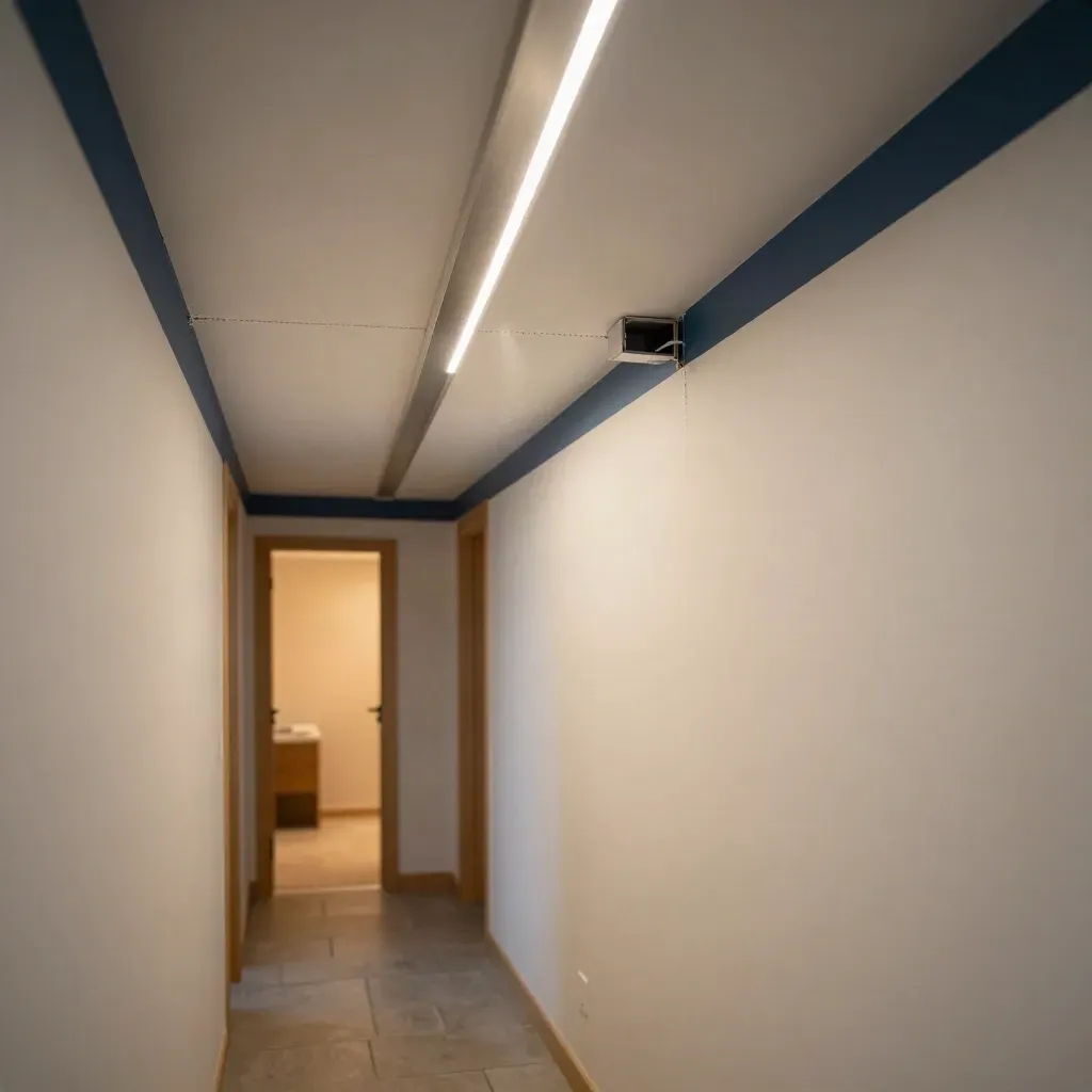 Nyligen installerad LED-list i en svensk hall med öppen kopplingsdosa och varm ljusgång.