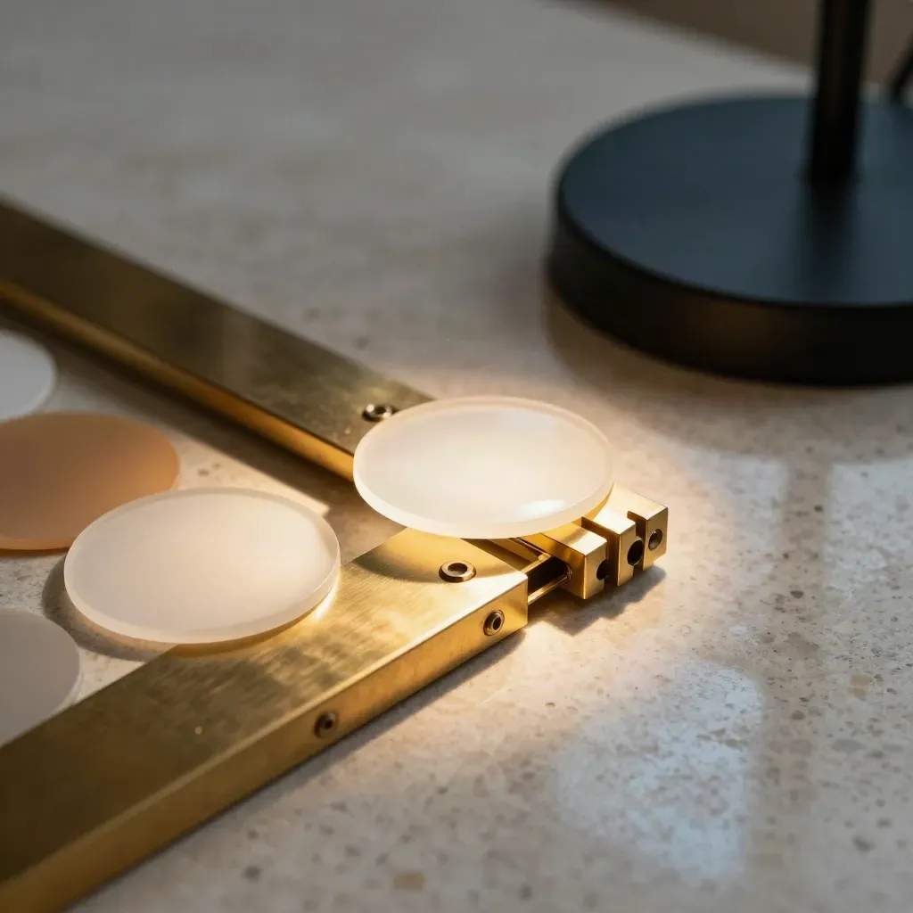 Makrobild av ljusdesignprover i mässing, diffuserdiskar och lampfot på travertin.