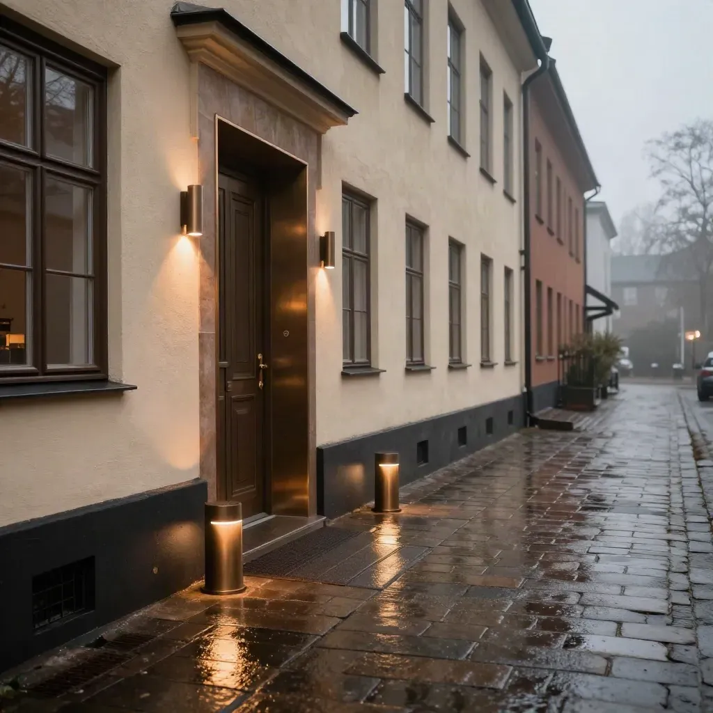 Villaentré i Solna med fasadbelysning, gångljus och upplyst sidogrind i våt kvällsmist.