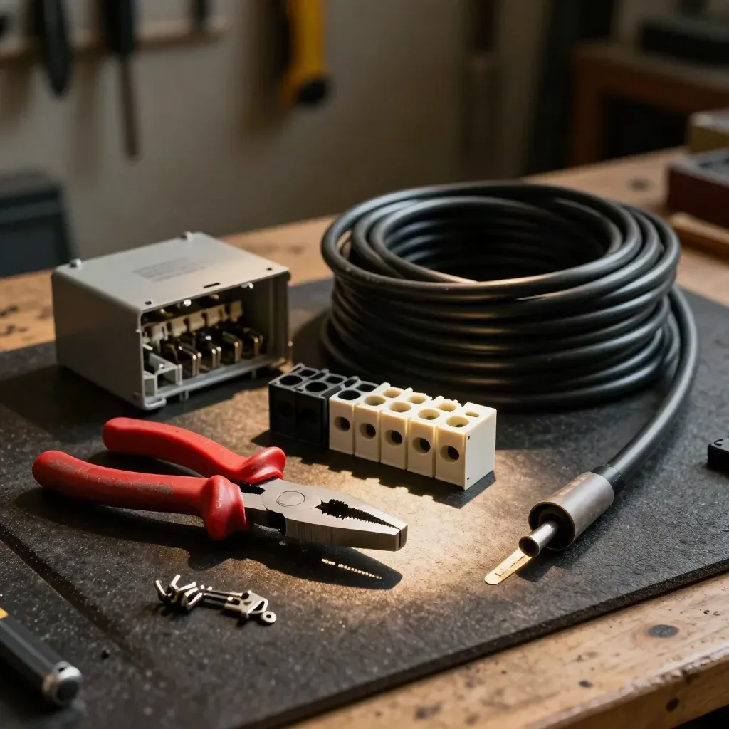 Elverktyg på mörk arbetsmatta med kabel, kopplingsdosor och metallverktyg i dramatiskt ljus.