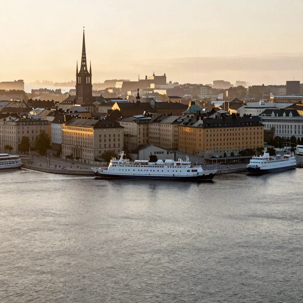 Stockholms skyline i kvällsljus över stilla vatten och färjor, med dimma och öppet utrymme för text.