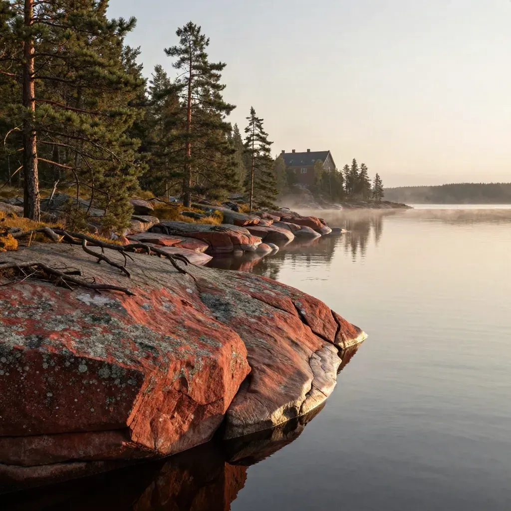 Röd granitstrand och tallar vid stilla sjö med dis och avlägset herrgårdstak