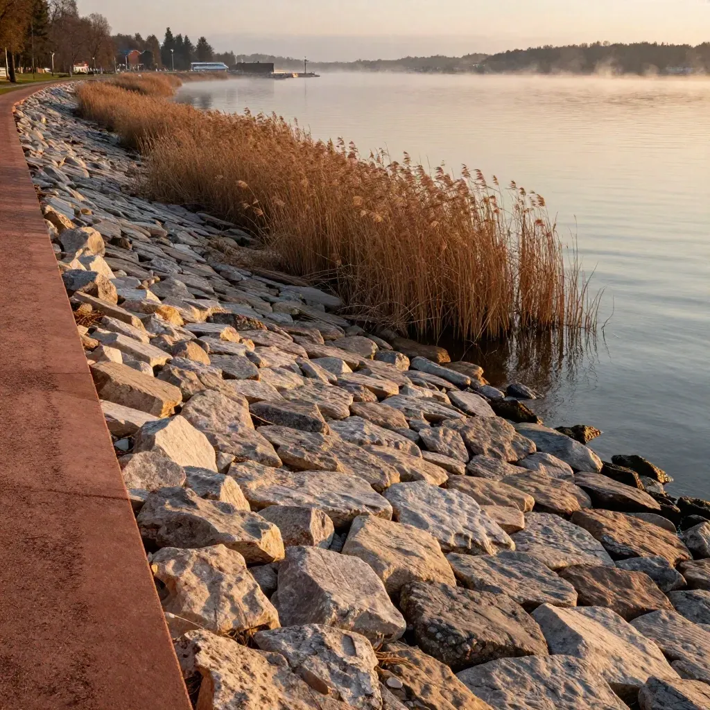 Mälarens stilla strand vid Västerås med vass, sten och mjuk kvällsdimma.