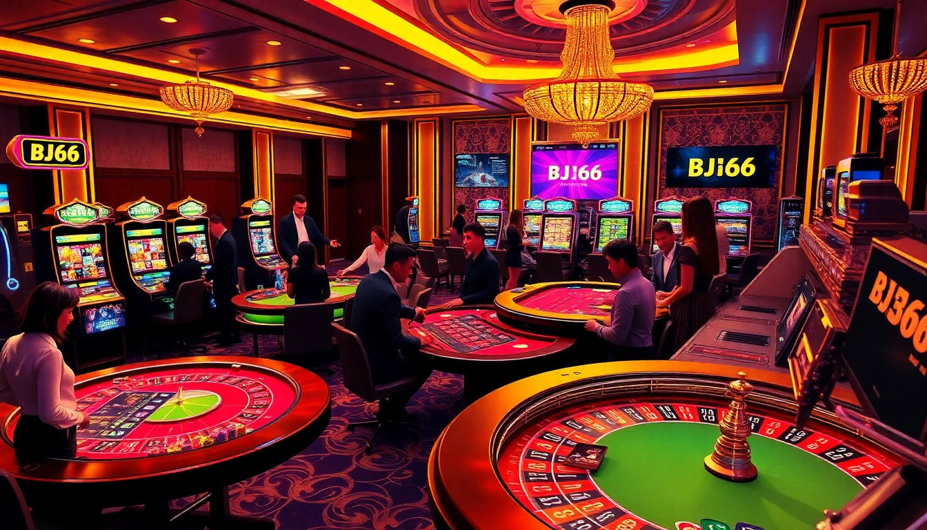 BJ66 casino scene depicting thrilling gameplay with vibrant slot machines and poker tables.
