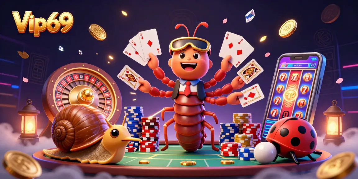 Experience the thrill of Vip69 with a lively casino scene featuring a whimsical millipede dealer and stunning game elements.