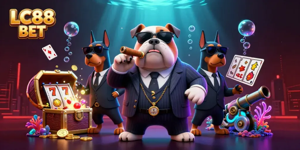 Engage in thrilling gameplay with LC88 BET, featuring a mafia boss bulldog and bodyguard Dobermans amidst vibrant slot reels and treasure.