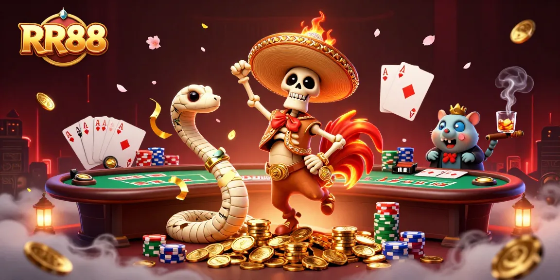 RR88 delivers thrilling gaming moments with a vibrant casino scene featuring lively characters and dynamic betting elements.