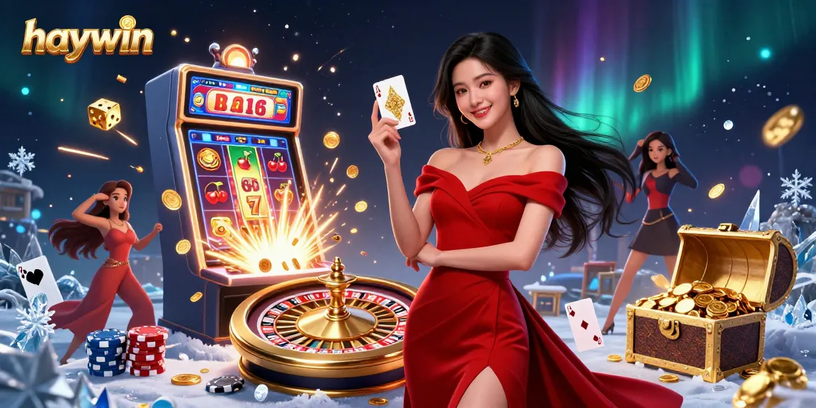 Experience the excitement at haywin with a stunning casino illustration showcasing a glamorous dealer and rich game elements.