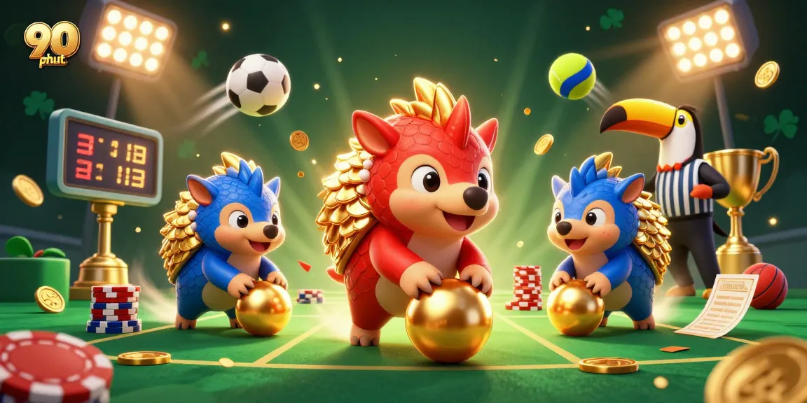 Experience 90 phut live sports action with dynamic pangolin mascots and vibrant casino elements.
