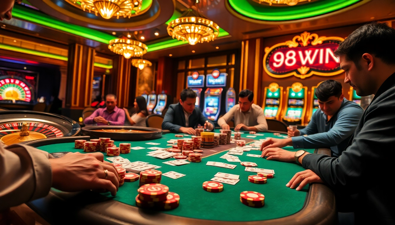 A thrilling poker game scene at 98WIN casino showcasing vibrant chips and intense players.