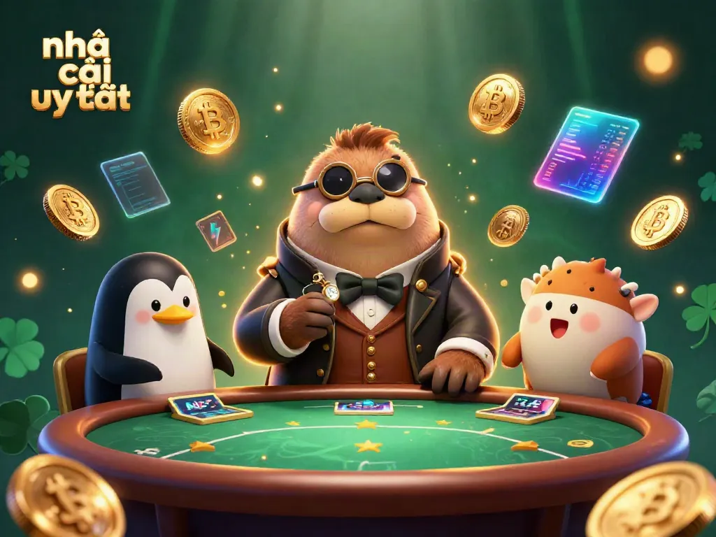 Play poker with a jolly walrus at an underwater table, showcasing the essence of nhà cái uy tín