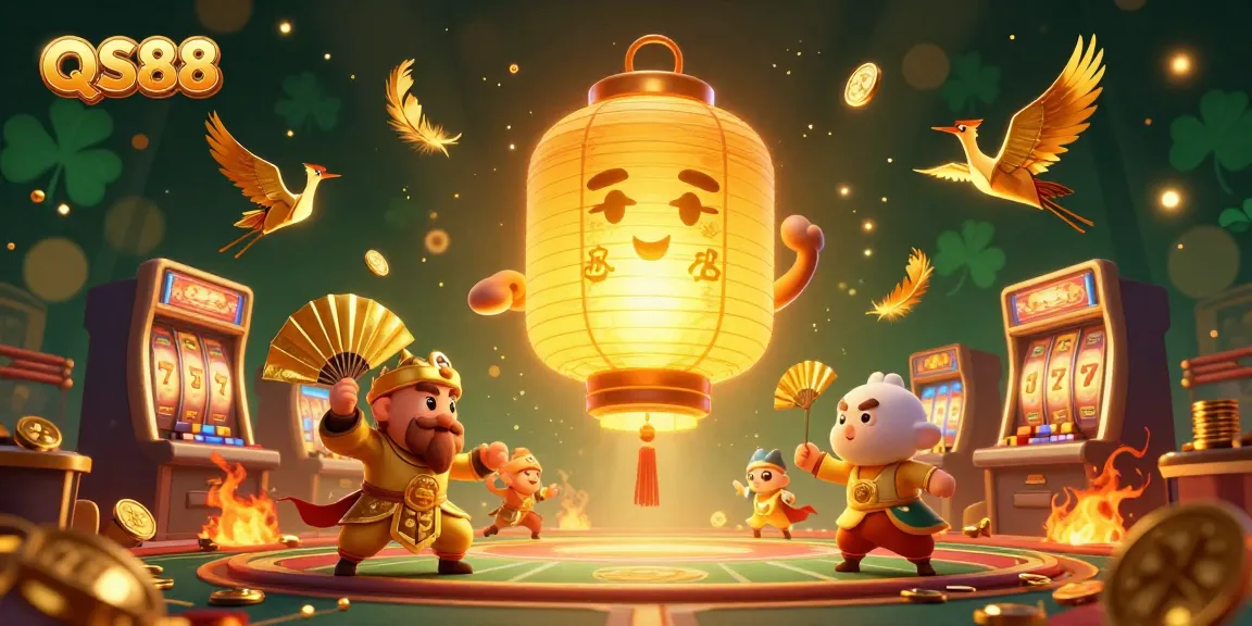 QS88 casino scene showcasing a golden lantern spirit amidst vibrant slot game elements and gold coins