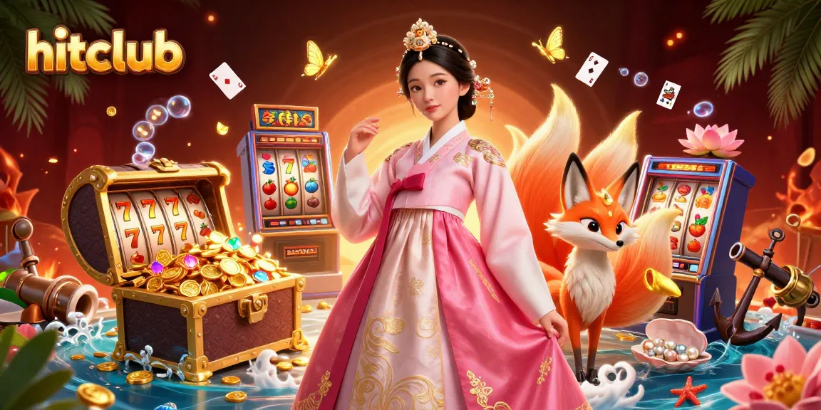 Hitclub offers thrilling winning opportunities through a vibrant casino scene featuring a lucky Asian woman and a nine-tailed fox.