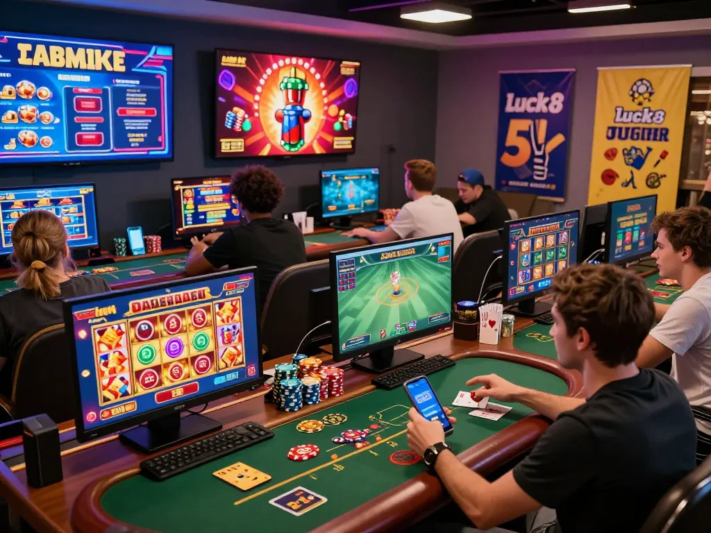 Engaged players enjoying casino games on https://luck8g.net with colorful digital interfaces and excitement.