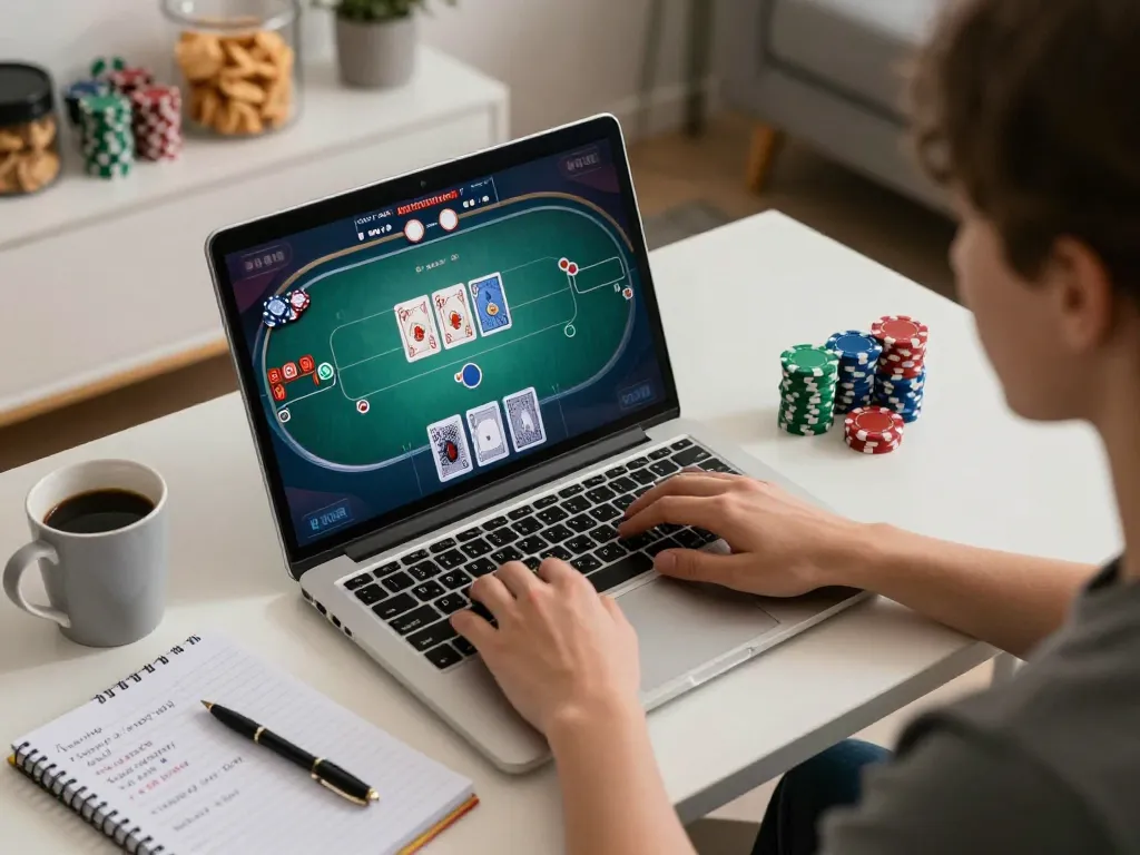sunwin online poker gameplay on a laptop with strategic notes visible