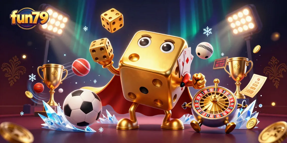 Engage in thrilling gameplay at fun79, featuring dynamic characters rolling dice and sports elements.
