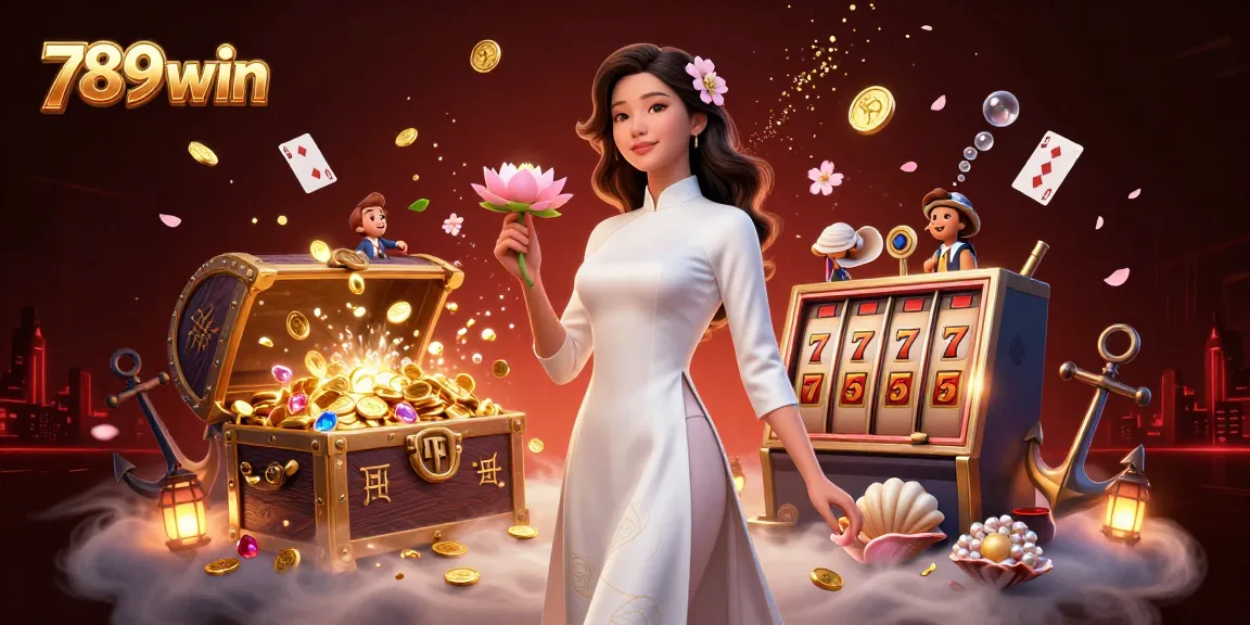 Experience the excitement at 789win with a vibrant illustration of a graceful woman surrounded by casino elements.