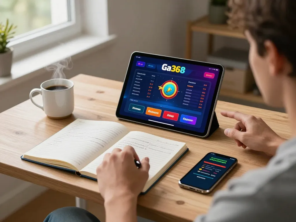 Engaging with the Ga368 casino app on a tablet while taking strategic notes in a cozy home office.